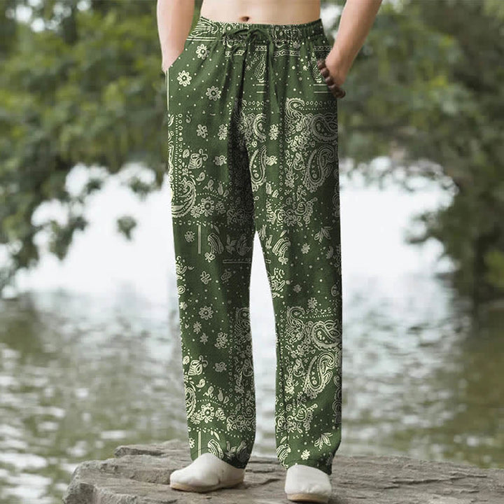 Buddha Stones コットンカシューフラワーペイズリー柄メンズテーパードパンツ（ポケット付き） - オリーブ - US/UK/AU50、EU60（5XL） - image 6
