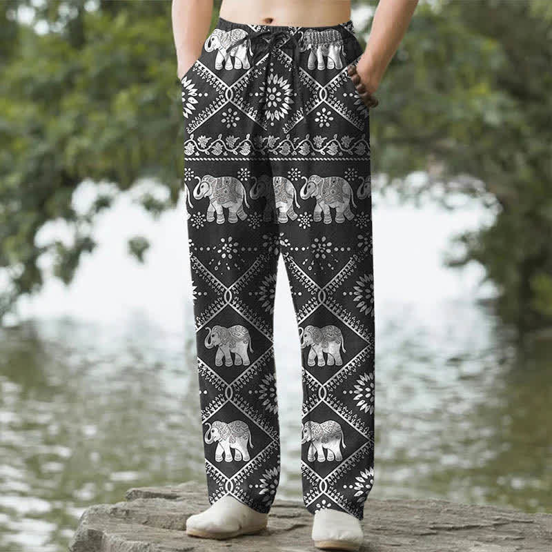 Buddha Stones コットン製、象のマンダラ柄、メンズテーパードパンツ（ポケット付き） - 黒 - US/UK/AU50、EU60（5XL） - image 0
