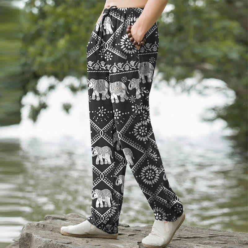Buddha Stones コットン製、象のマンダラ柄、メンズテーパードパンツ（ポケット付き） - image 1