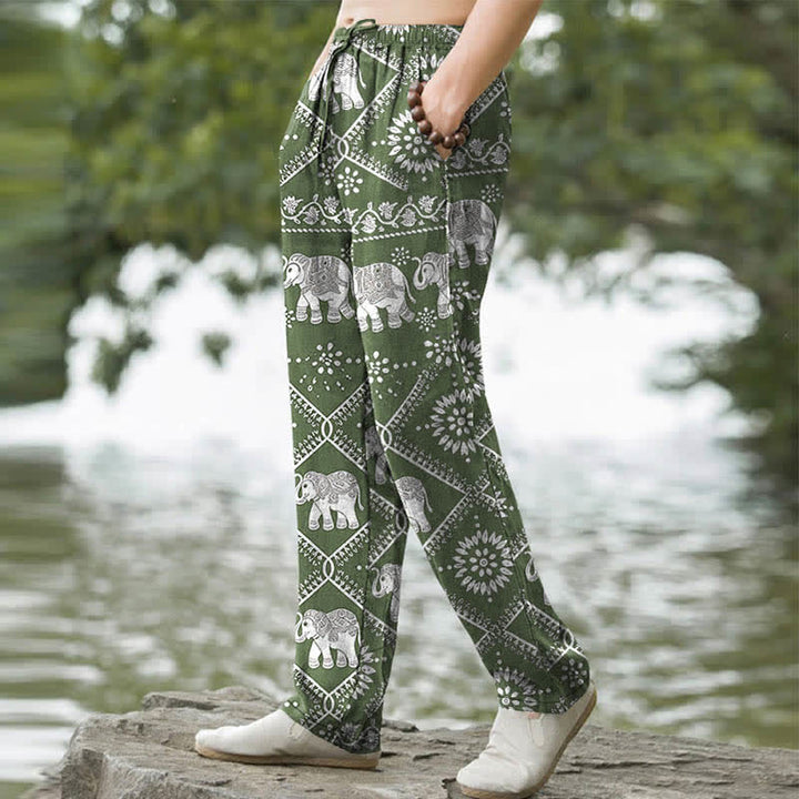 Buddha Stones コットン製、象のマンダラ柄、メンズテーパードパンツ（ポケット付き） - image 5