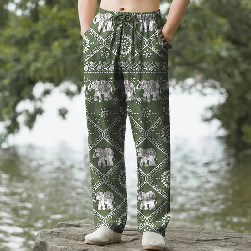 Buddha Stones コットン製、象のマンダラ柄、メンズテーパードパンツ（ポケット付き） - オリーブドラブ - US/UK/AU50、EU60（5XL） - image 4