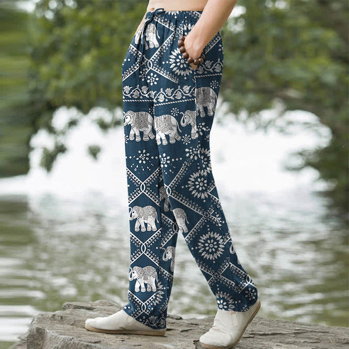 Buddha Stones コットン製、象のマンダラ柄、メンズテーパードパンツ（ポケット付き） - image 7