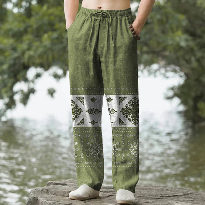 Buddha Stones コットンバンダナモザイク柄メンズテーパードパンツ（ポケット付き） - オリーブドラブ - US/UK/AU50、EU60（5XL） - image 4