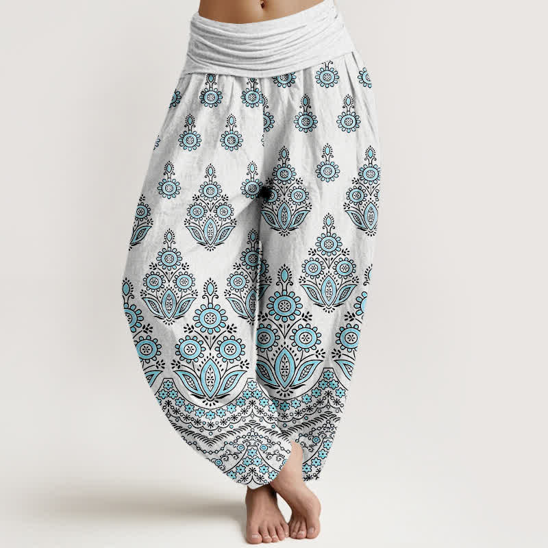 Buddha Stones ピュアコットン マンダラ花柄 レディース ゴムウエスト ハーレムパンツ - シアン - US16、 UK/AU20、 EU48 (3XL) - image 0