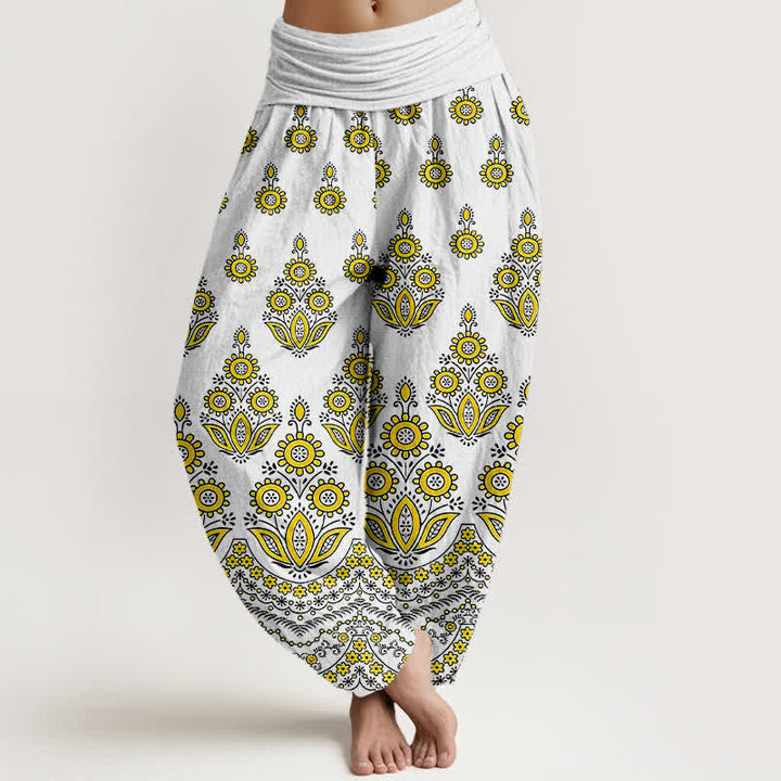 Buddha Stones ピュアコットン マンダラ花柄 レディース ゴムウエスト ハーレムパンツ - 黄色 - US16、 UK/AU20、 EU48 (3XL) - image 3
