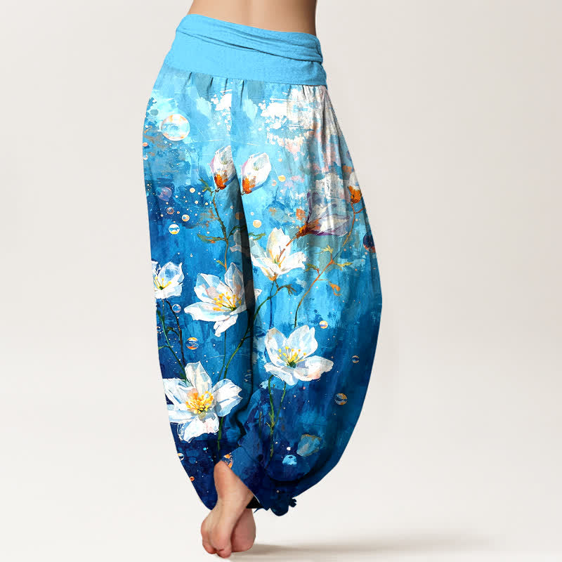 Buddha Stones 純綿水彩画風白蓮柄 レディース ゴムウエスト ハーレムパンツ - image 5