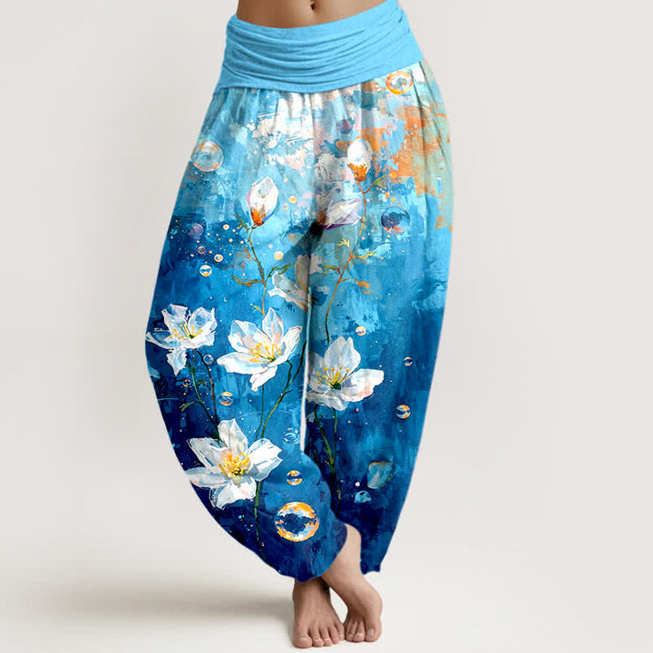 Buddha Stones 純綿水彩画風白蓮柄 レディース ゴムウエスト ハーレムパンツ - ターコイズ - US16、 UK/AU20、 EU48 (3XL) - image 3