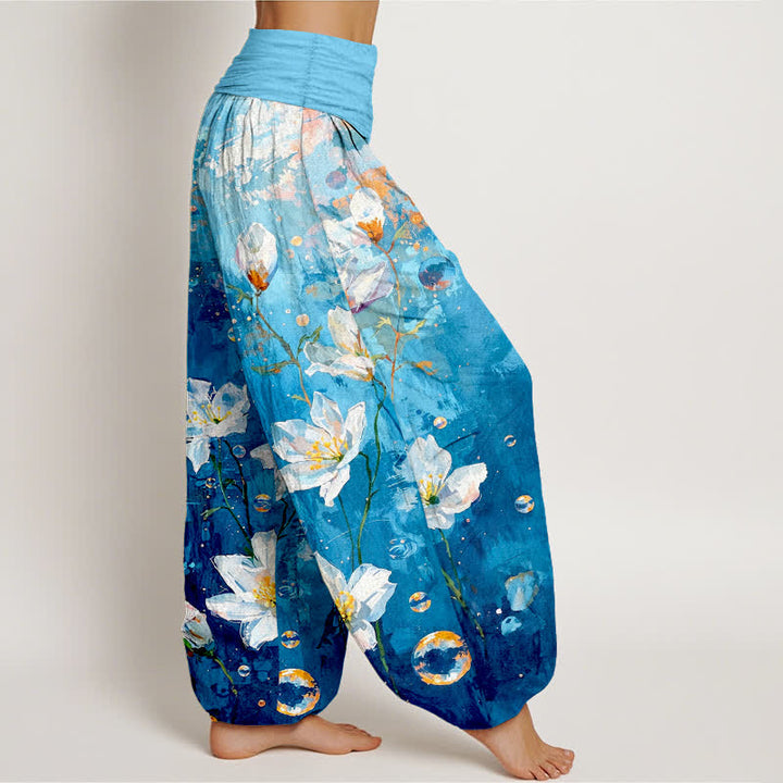 Buddha Stones 純綿水彩画風白蓮柄 レディース ゴムウエスト ハーレムパンツ - image 4