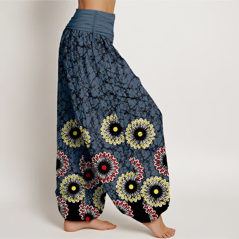 Buddha Stones ピュアコットン サンバースト花柄 レディース ゴムウエスト ハーレムパンツ - image 1