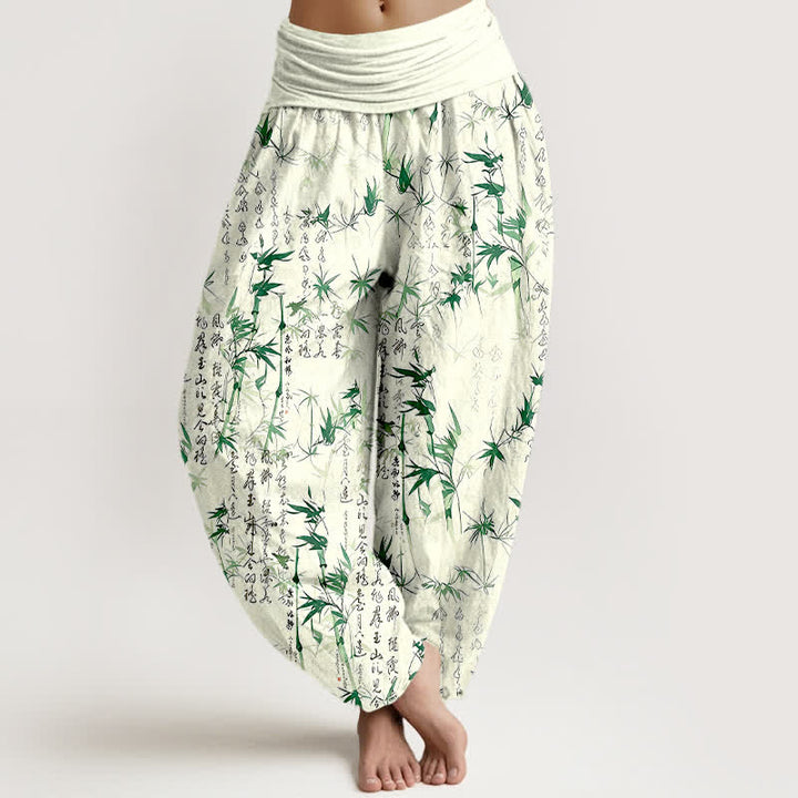 Buddha Stones 純綿竹葉書道柄レディースゴムウエストハーレムパンツ - 緑 - US16、 UK/AU20、 EU48 (3XL) - image 0