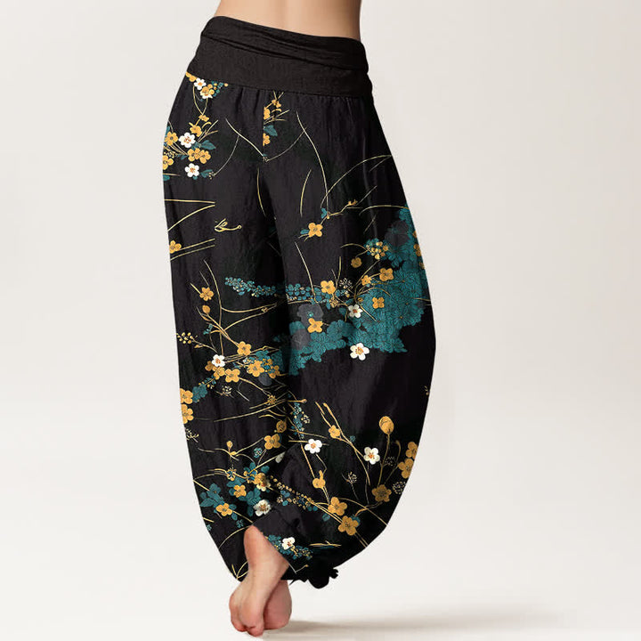 Buddha Stones 純綿花柄リーフ模様 レディース ゴムウエスト ハーレムパンツ - image 2
