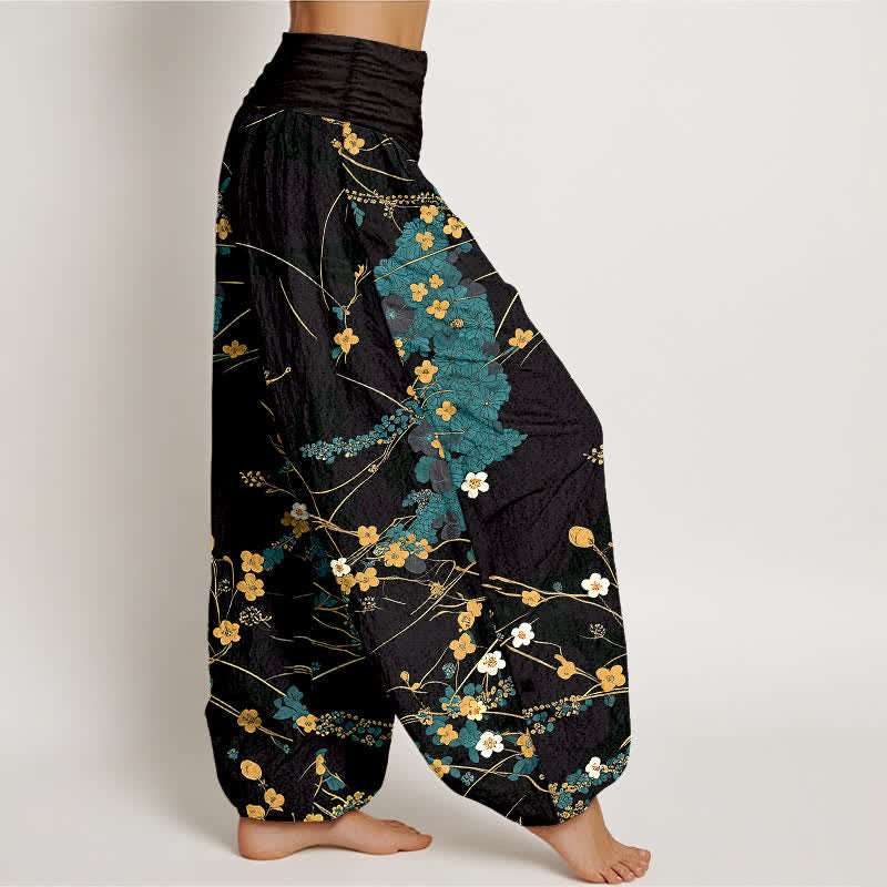 Buddha Stones 純綿花柄リーフ模様 レディース ゴムウエスト ハーレムパンツ - image 1