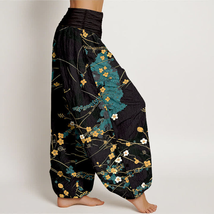 Buddha Stones 純綿花柄リーフ模様 レディース ゴムウエスト ハーレムパンツ - image 1