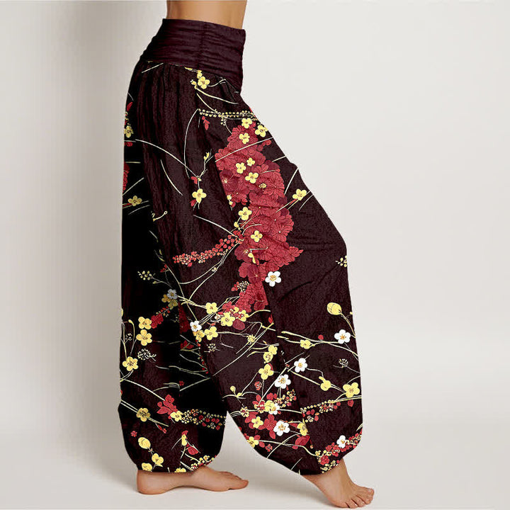 Buddha Stones 純綿花柄リーフ模様 レディース ゴムウエスト ハーレムパンツ - image 4