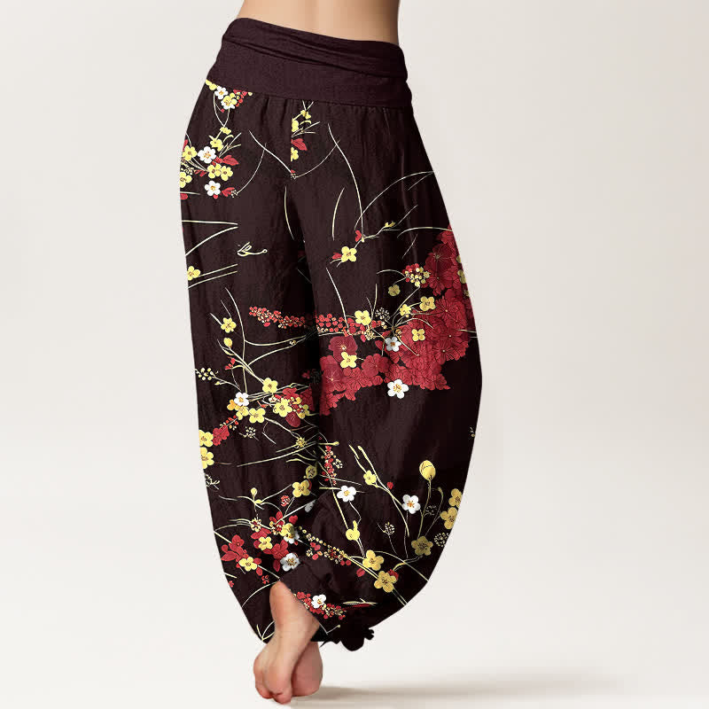 Buddha Stones 純綿花柄リーフ模様 レディース ゴムウエスト ハーレムパンツ - image 5