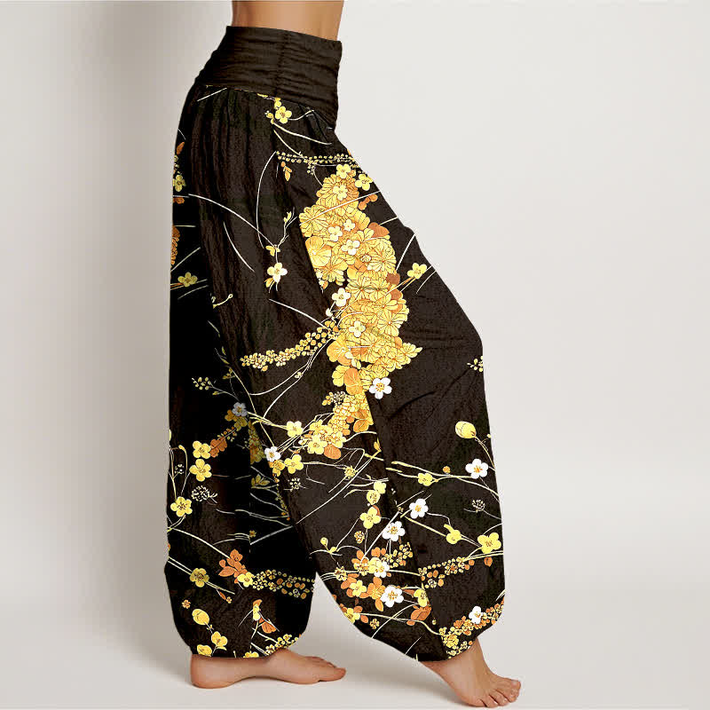 Buddha Stones 純綿花柄リーフ模様 レディース ゴムウエスト ハーレムパンツ - image 7
