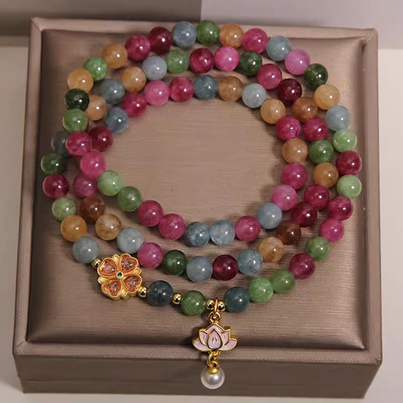 Buddha Stones レインボートルマリン ロータス ウィズダム トリプルラップ ビーズチャームブレスレット - image 1