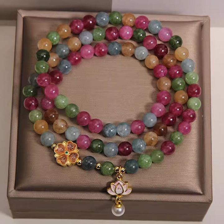 Buddha Stones レインボートルマリン ロータス ウィズダム トリプルラップ ビーズチャームブレスレット - image 1
