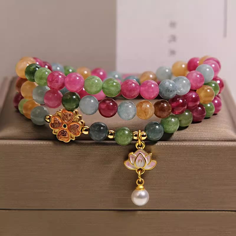 Buddha Stones レインボートルマリン ロータス ウィズダム トリプルラップ ビーズチャームブレスレット - image 4