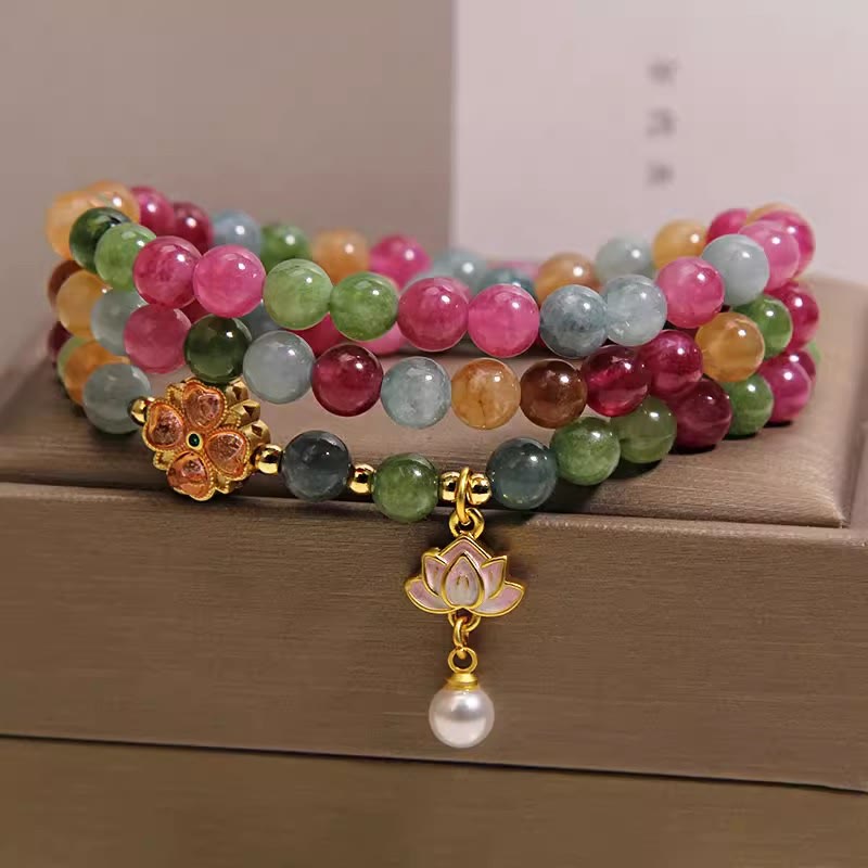 Buddha Stones レインボートルマリン ロータス ウィズダム トリプルラップ ビーズチャームブレスレット - トルマリン（保護♥癒し） - image 0