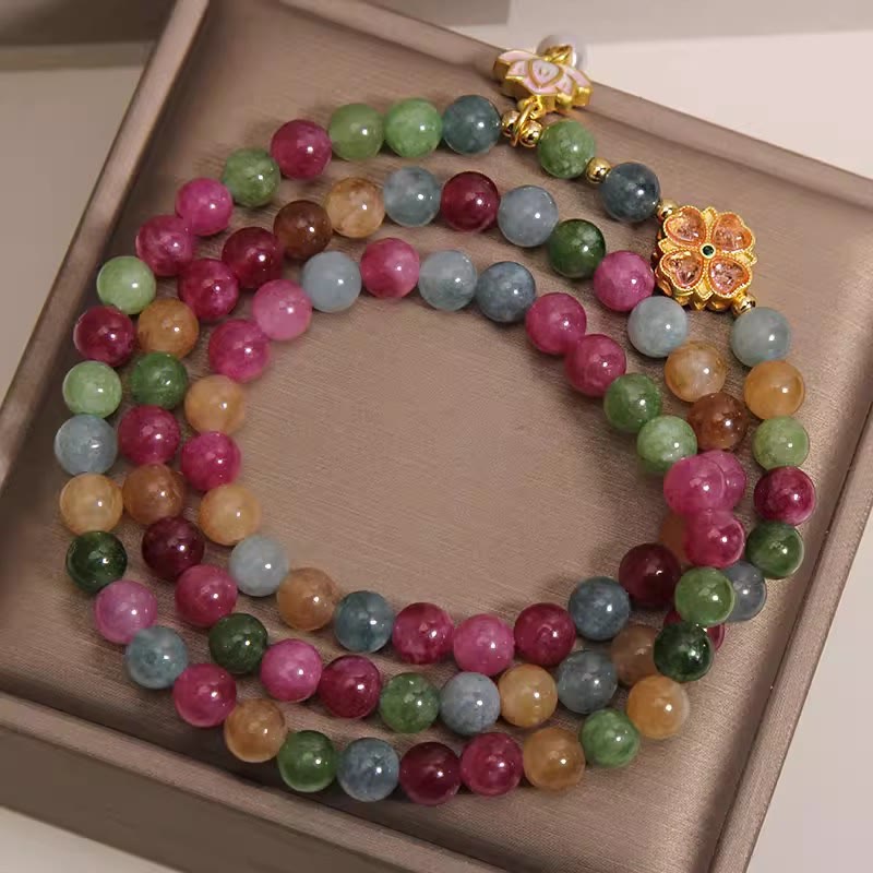 Buddha Stones レインボートルマリン ロータス ウィズダム トリプルラップ ビーズチャームブレスレット - image 2