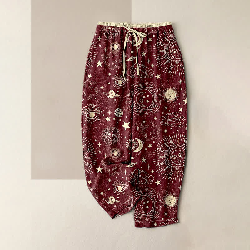 Buddha Stones 純綿素材、太陽・月・星柄のレディース用ゴムウエストパンツ（ポケット付き） - ダークレッド - US16、 UK/AU20、 EU48 (3XL) - image 3