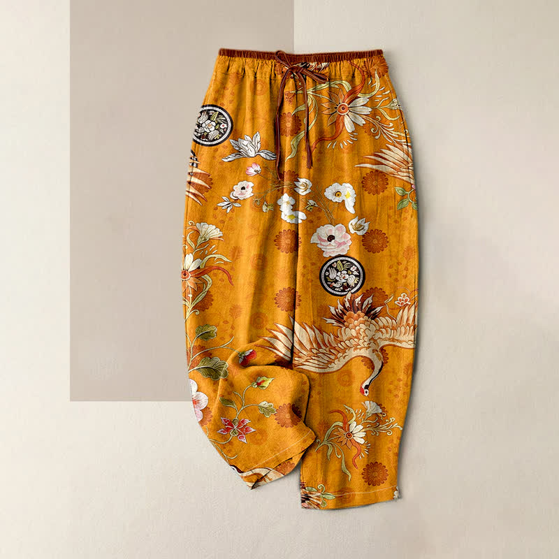 Buddha Stones 純綿素材、白鶴柄、花柄メダリオン模様、ウエストゴム、ポケット付きレディースパンツ - ゴールデンロッド - US16、 UK/AU20、 EU48 (3XL) - image 3
