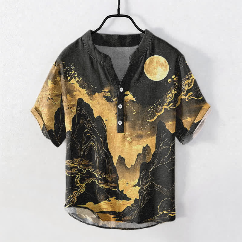 Buddha Stones 綿素材、ゴールデンムーン風景柄、メンズ半袖ハーフボタンシャツ - 黒 - US/UK/AU50、EU60（5XL） - image 0