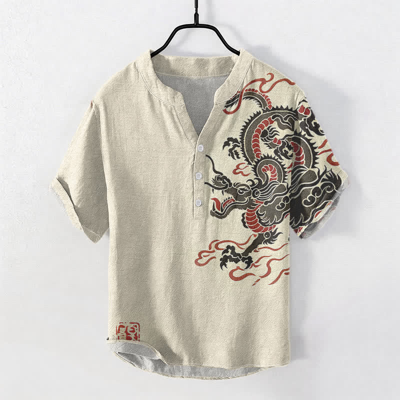 Buddha Stones 綿素材、黒と赤の龍柄、メンズ半袖ハーフボタンシャツ - ベージュ - US/UK/AU50、EU60（5XL） - image 0