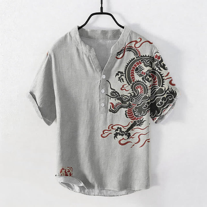 Buddha Stones 綿素材、黒と赤の龍柄、メンズ半袖ハーフボタンシャツ - ライトグレー - US/UK/AU50、EU60（5XL） - image 3