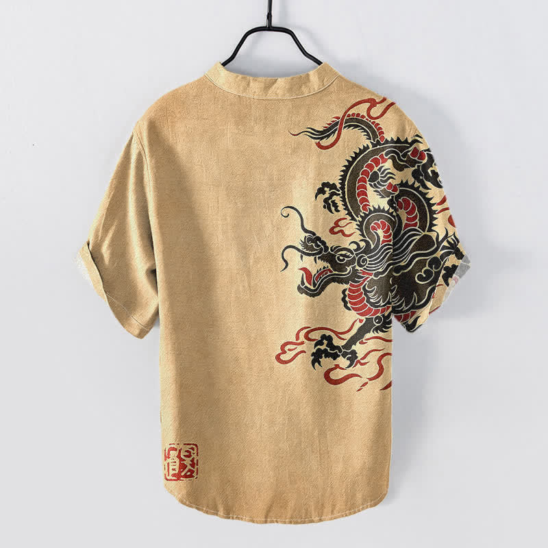 Buddha Stones 綿素材、黒と赤の龍柄、メンズ半袖ハーフボタンシャツ - バーリーウッド - US/UK/AU50、EU60（5XL） - image 6