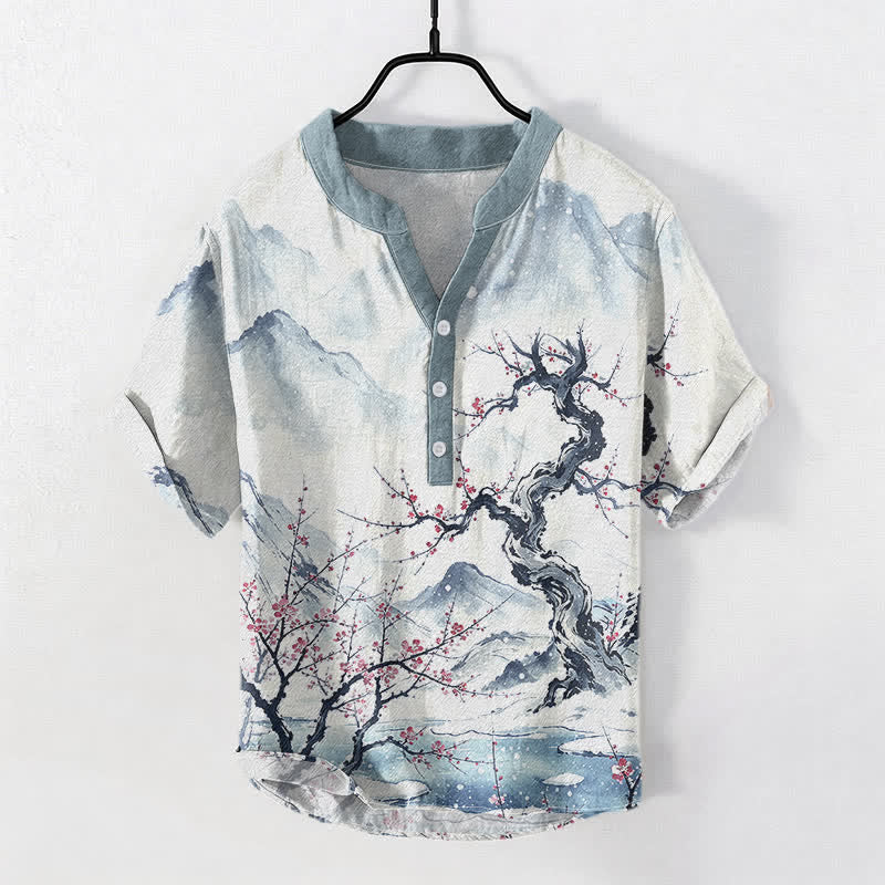 Buddha Stones コットンインクウォッシュ マウンテンプラム柄 ハーフボタン メンズ半袖シャツ - アリスブルー - US/UK/AU50、EU60（5XL） - image 0