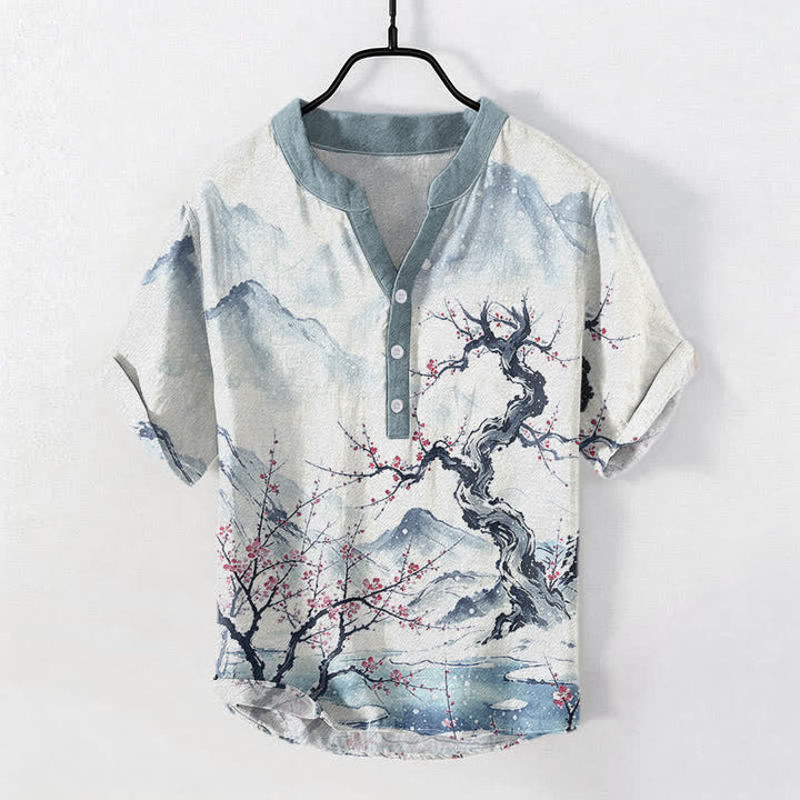 Buddha Stones コットンインクウォッシュ マウンテンプラム柄 ハーフボタン メンズ半袖シャツ - アリスブルー - US/UK/AU50、EU60（5XL） - image 0