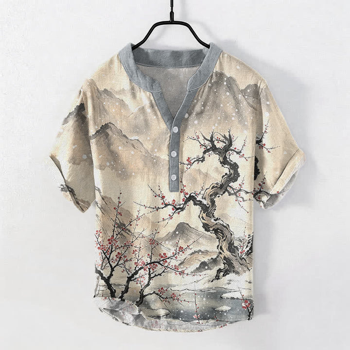 Buddha Stones コットンインクウォッシュ マウンテンプラム柄 ハーフボタン メンズ半袖シャツ - 小麦 - US/UK/AU50、EU60（5XL） - image 5