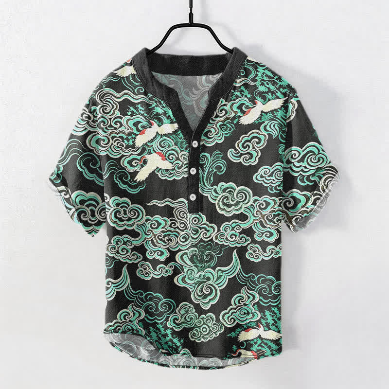 Buddha Stones コットンミント クラウドクレーン柄 メンズ 半袖ハーフボタンシャツ - 黒 - US/UK/AU50、EU60（5XL） - image 0