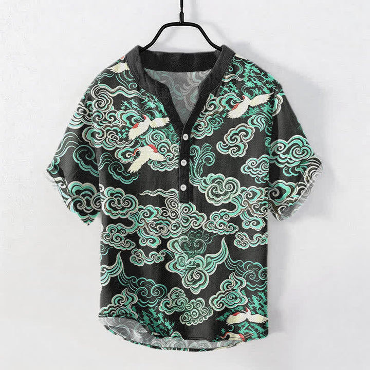 Buddha Stones コットンミント クラウドクレーン柄 メンズ 半袖ハーフボタンシャツ - 黒 - US/UK/AU50、EU60（5XL） - image 0