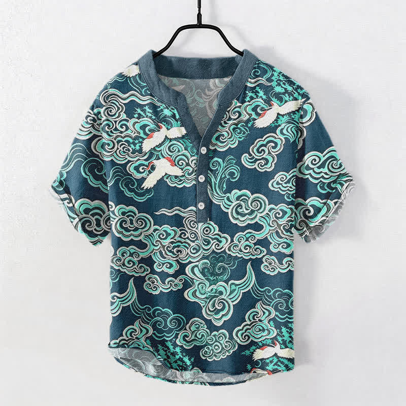 Buddha Stones コットンミント クラウドクレーン柄 メンズ 半袖ハーフボタンシャツ - ティール - US/UK/AU50、EU60（5XL） - image 5