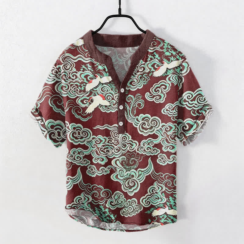 Buddha Stones コットンミント クラウドクレーン柄 メンズ 半袖ハーフボタンシャツ - マルーン - US/UK/AU50、EU60（5XL） - image 7