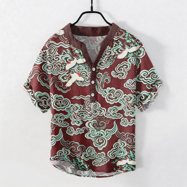 Buddha Stones コットンミント クラウドクレーン柄 メンズ 半袖ハーフボタンシャツ - マルーン - US/UK/AU50、EU60（5XL） - image 7