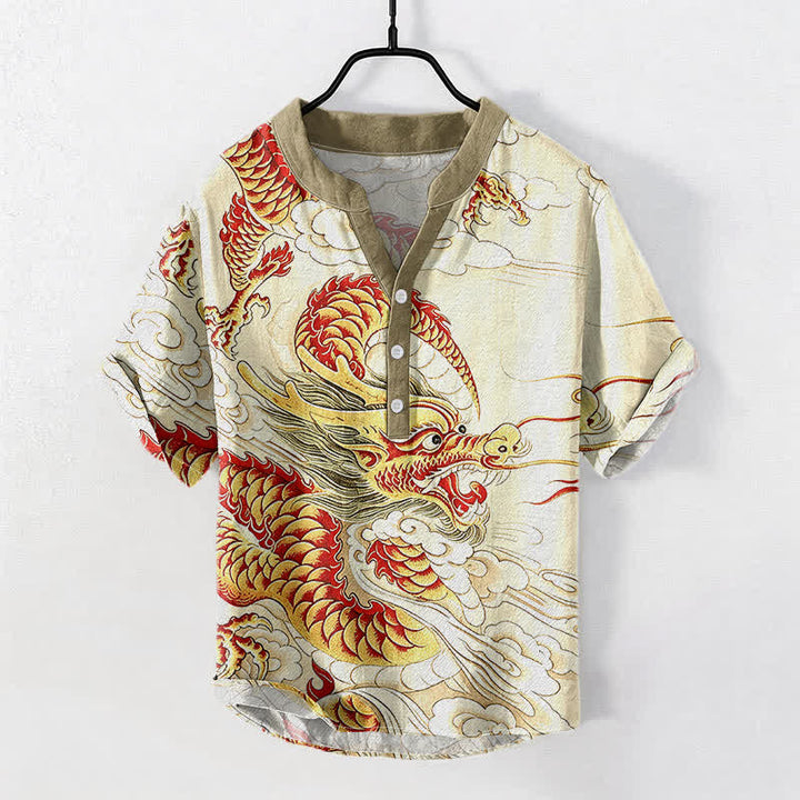 Buddha Stones 綿素材の金龍柄メンズ半袖ハーフボタンシャツ - 象牙 - US/UK/AU50、EU60（5XL） - image 0