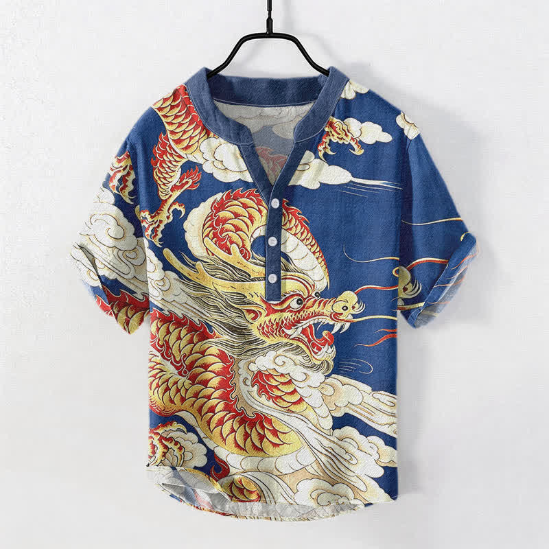 Buddha Stones 綿素材の金龍柄メンズ半袖ハーフボタンシャツ - ロイヤルブルー - US/UK/AU50、EU60（5XL） - image 3