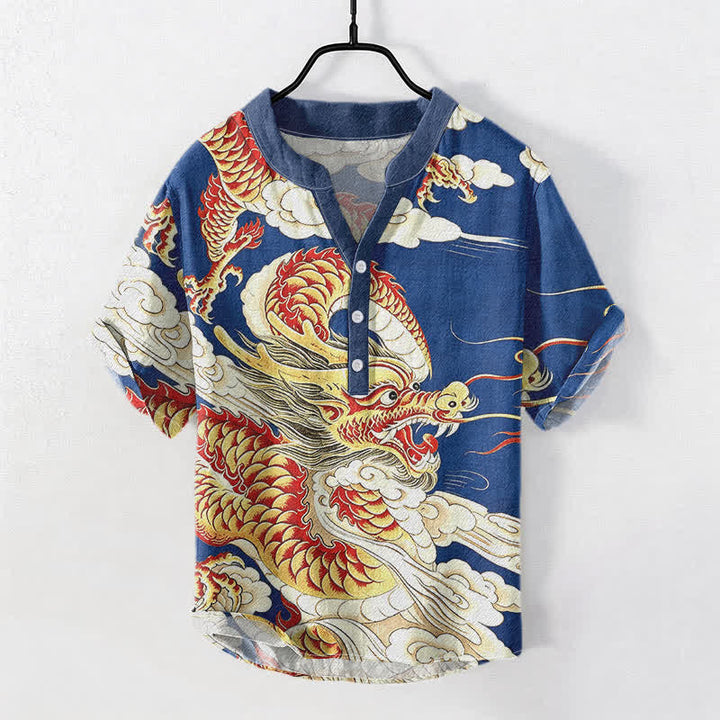 Buddha Stones 綿素材の金龍柄メンズ半袖ハーフボタンシャツ - ロイヤルブルー - US/UK/AU50、EU60（5XL） - image 3