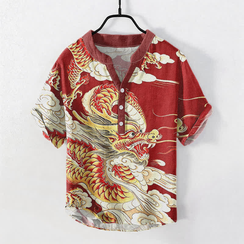 Buddha Stones 綿素材の金龍柄メンズ半袖ハーフボタンシャツ - クリムゾン - US/UK/AU50、EU60（5XL） - image 5