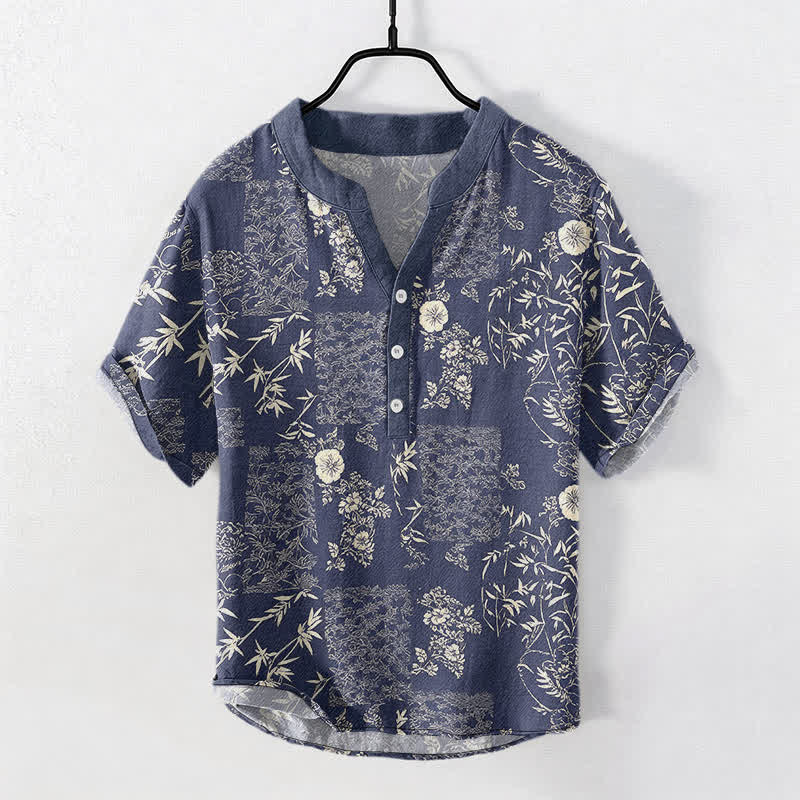 Buddha Stones コットン竹花柄パッチワーク柄メンズ半袖ハーフボタンシャツ - 海軍 - US/UK/AU50、EU60（5XL） - image 0