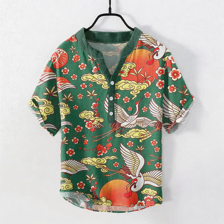 Buddha Stones 純綿 鶴 太陽 雲 花柄 メンズ 半袖 ハーフボタンシャツ - フォレストグリーン - US/UK/AU50、EU60（5XL） - image 5
