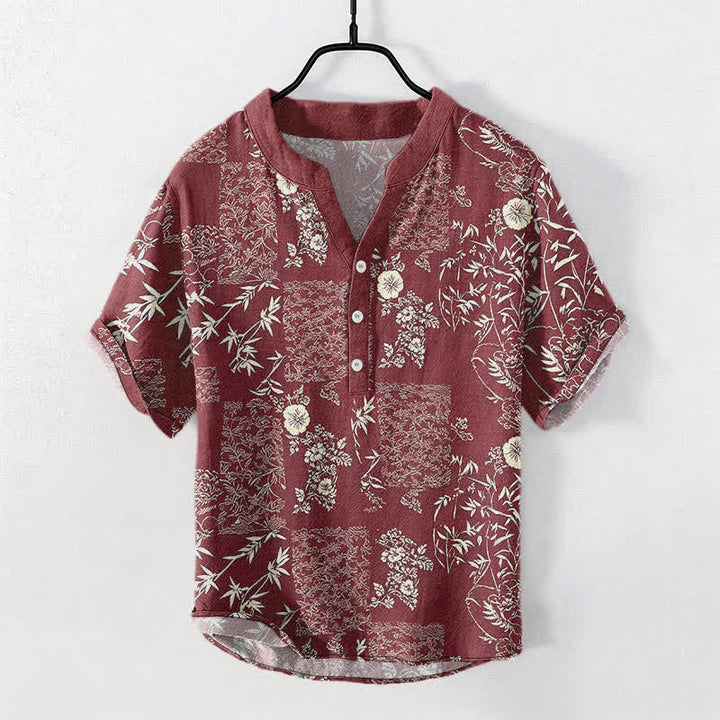 Buddha Stones コットン竹花柄パッチワーク柄メンズ半袖ハーフボタンシャツ - マルーン - US/UK/AU50、EU60（5XL） - image 7