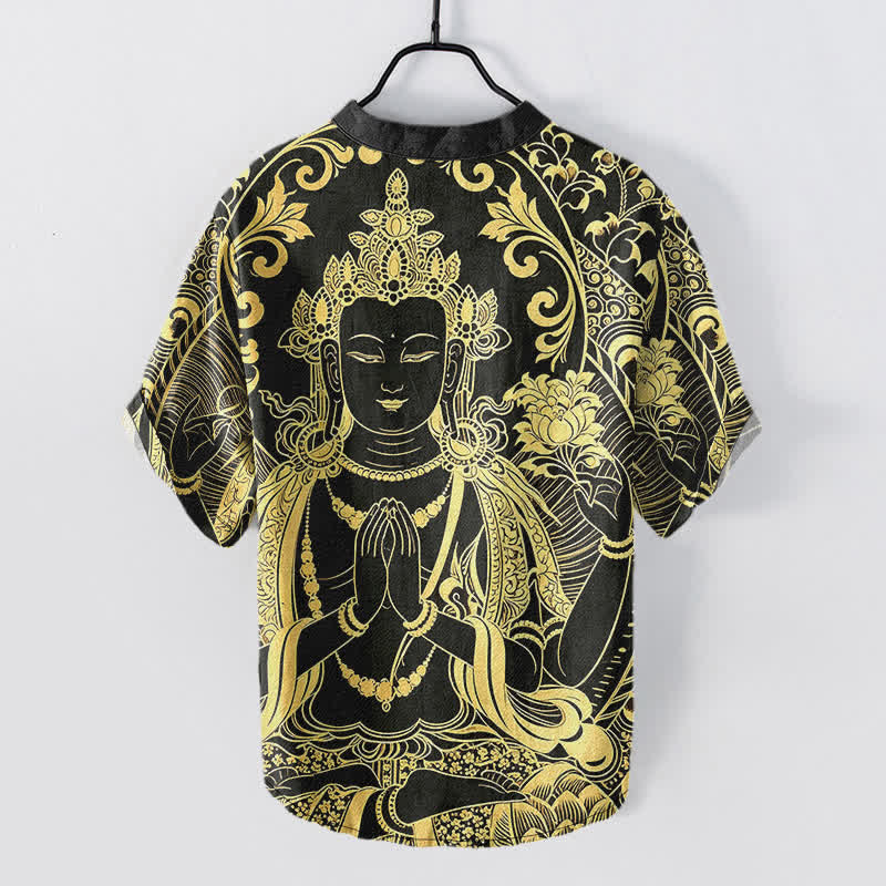 Buddha Stones 綿素材のゴールデンブッダアイコン柄メンズ半袖ハーフボタンシャツ - image 1
