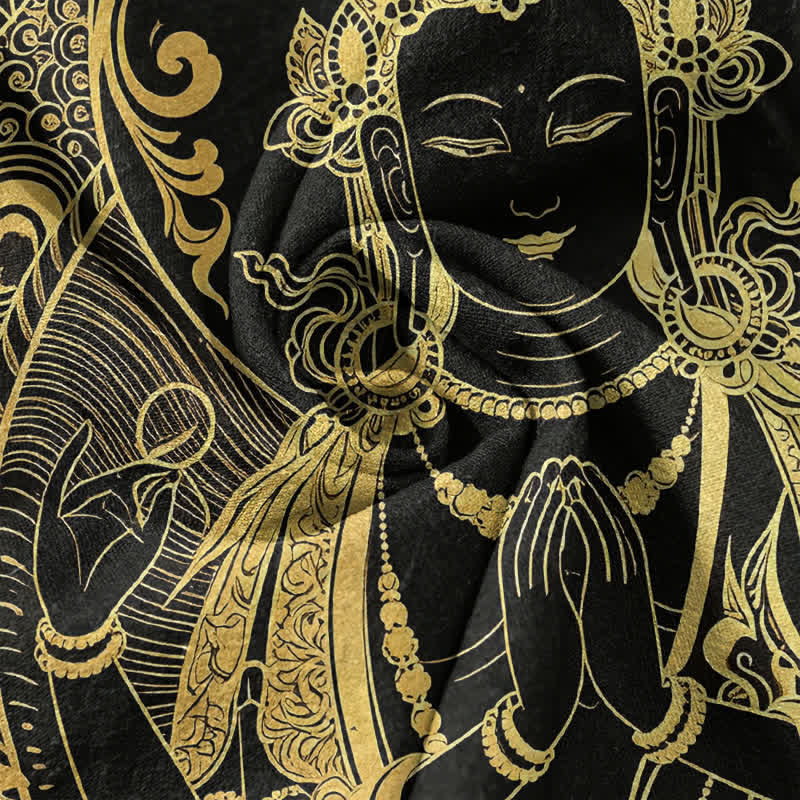 Buddha Stones 綿素材のゴールデンブッダアイコン柄メンズ半袖ハーフボタンシャツ - image 4