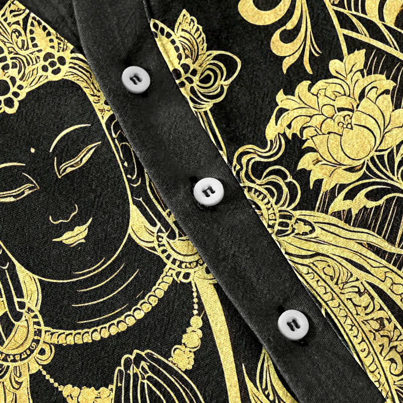 Buddha Stones 綿素材のゴールデンブッダアイコン柄メンズ半袖ハーフボタンシャツ - image 3