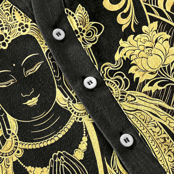 Buddha Stones 綿素材のゴールデンブッダアイコン柄メンズ半袖ハーフボタンシャツ - image 3